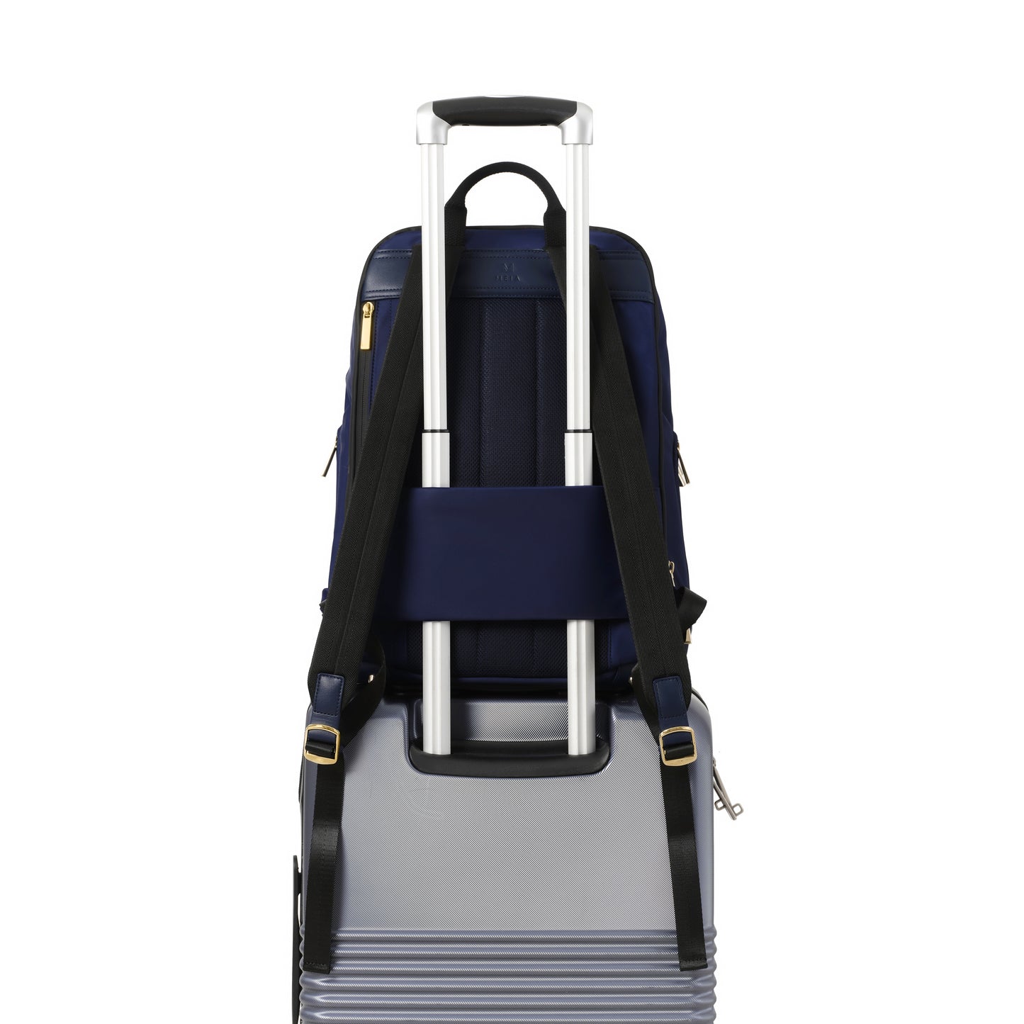 MEIA Sapphire Navy Blue Backpack On Luggage