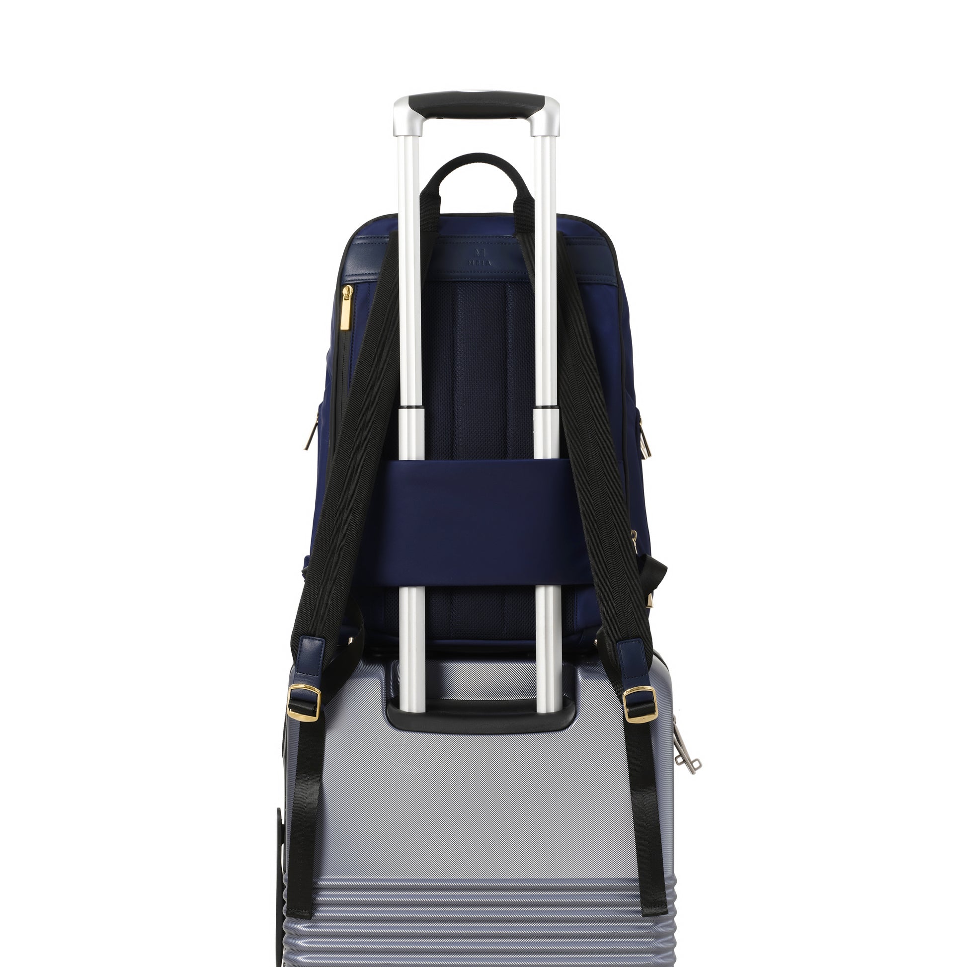 MEIA Sapphire Navy Blue Backpack On Luggage