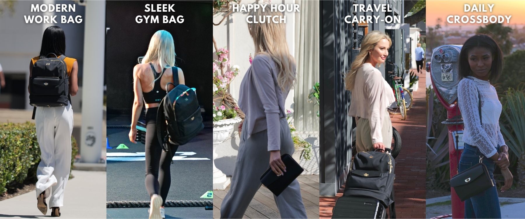 MEIA work gym travel happy hour everyday backpack clutch and crossbody bag