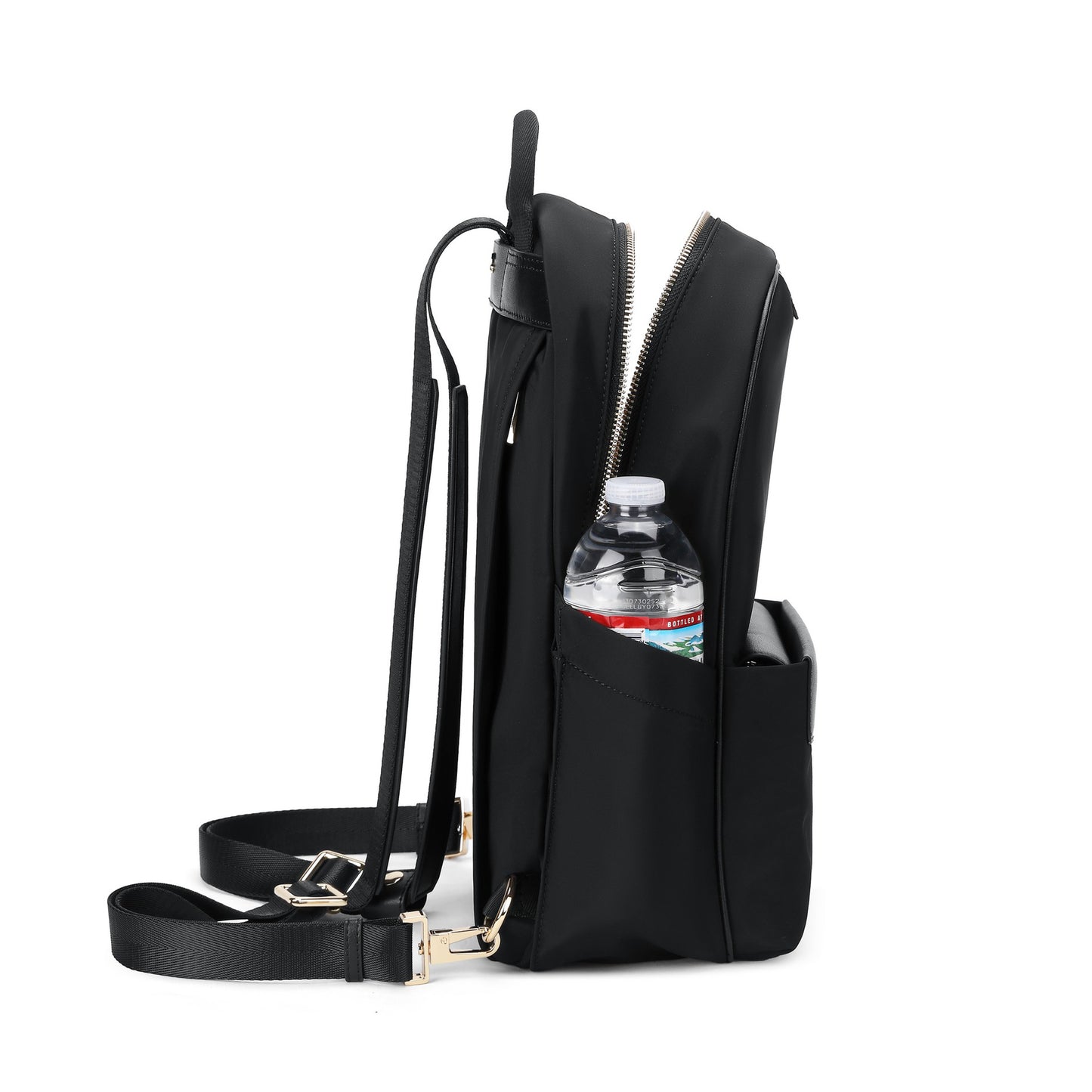 MEIA convertible everyday backpack product side view with water bottle