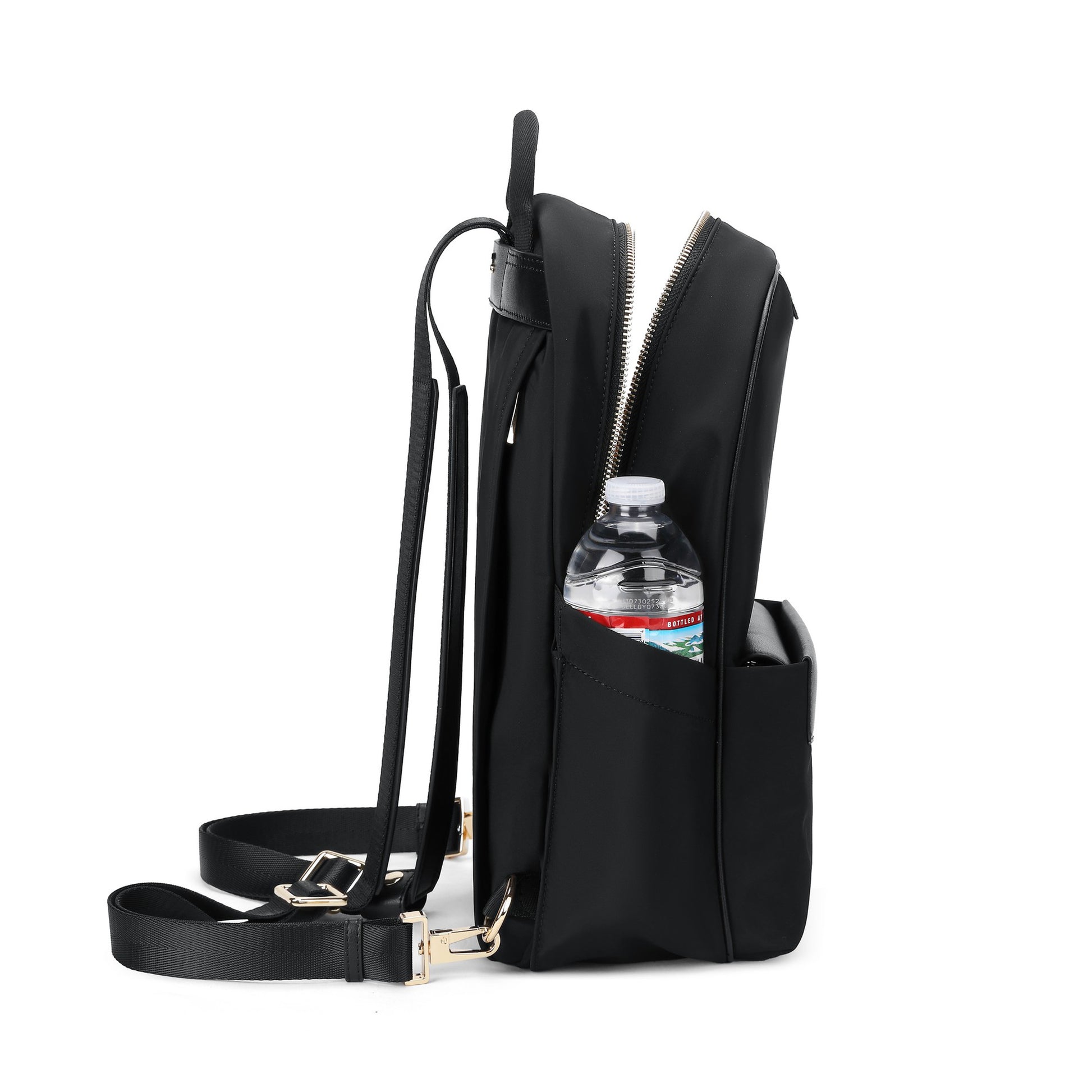 MEIA convertible everyday backpack product side view with water bottle