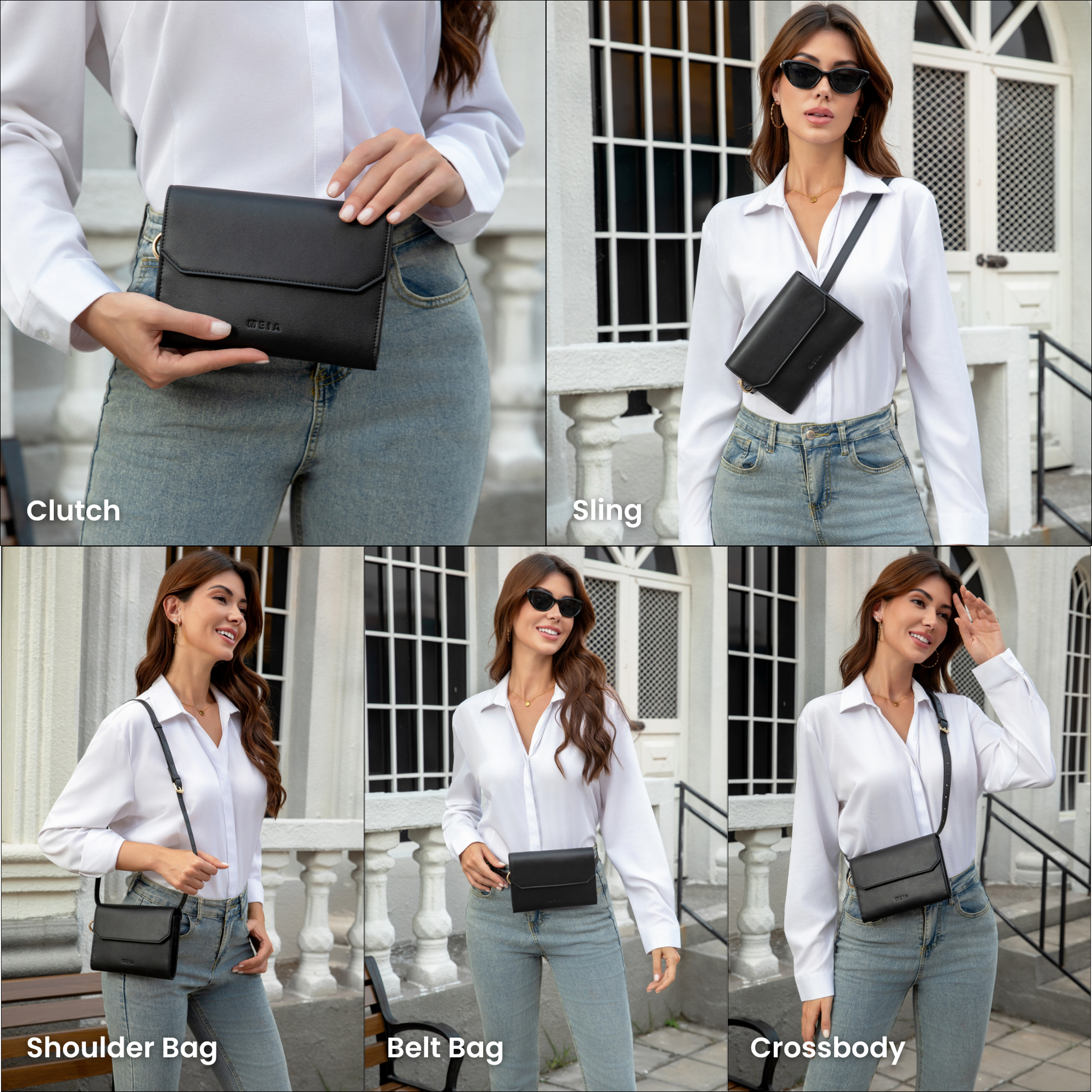 Different ways to wear MEIA everyday black clutch and converting to sling, shoulder bag, belt bag, and crossbody bag