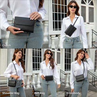 Different ways to wear MEIA everyday black clutch and converting to sling, shoulder bag, belt bag, and crossbody bag