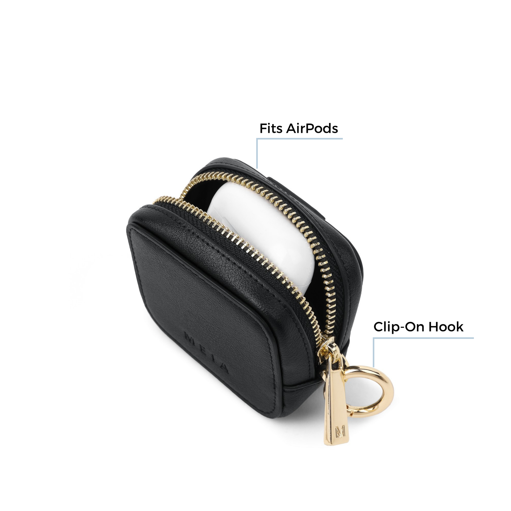 MEIA essential mini bag charm with a clip-on hook compatible with AirPods 