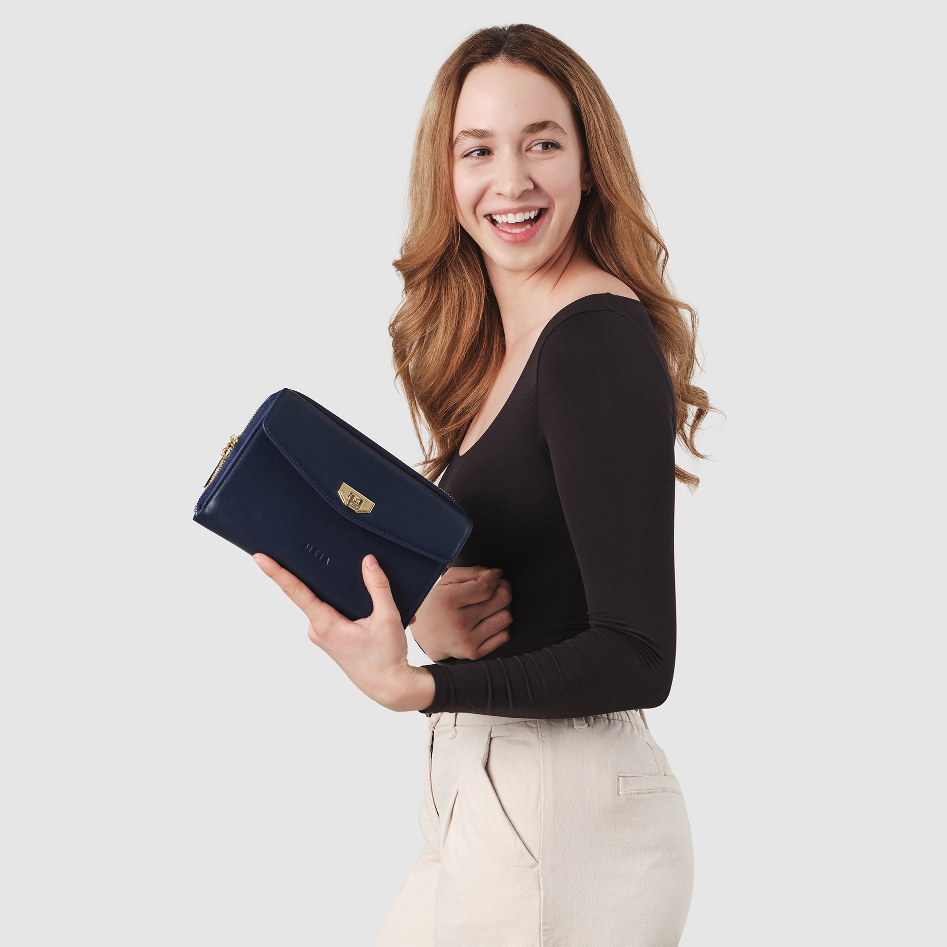 MEIA work bag detachable clutch in sapphire navy blue